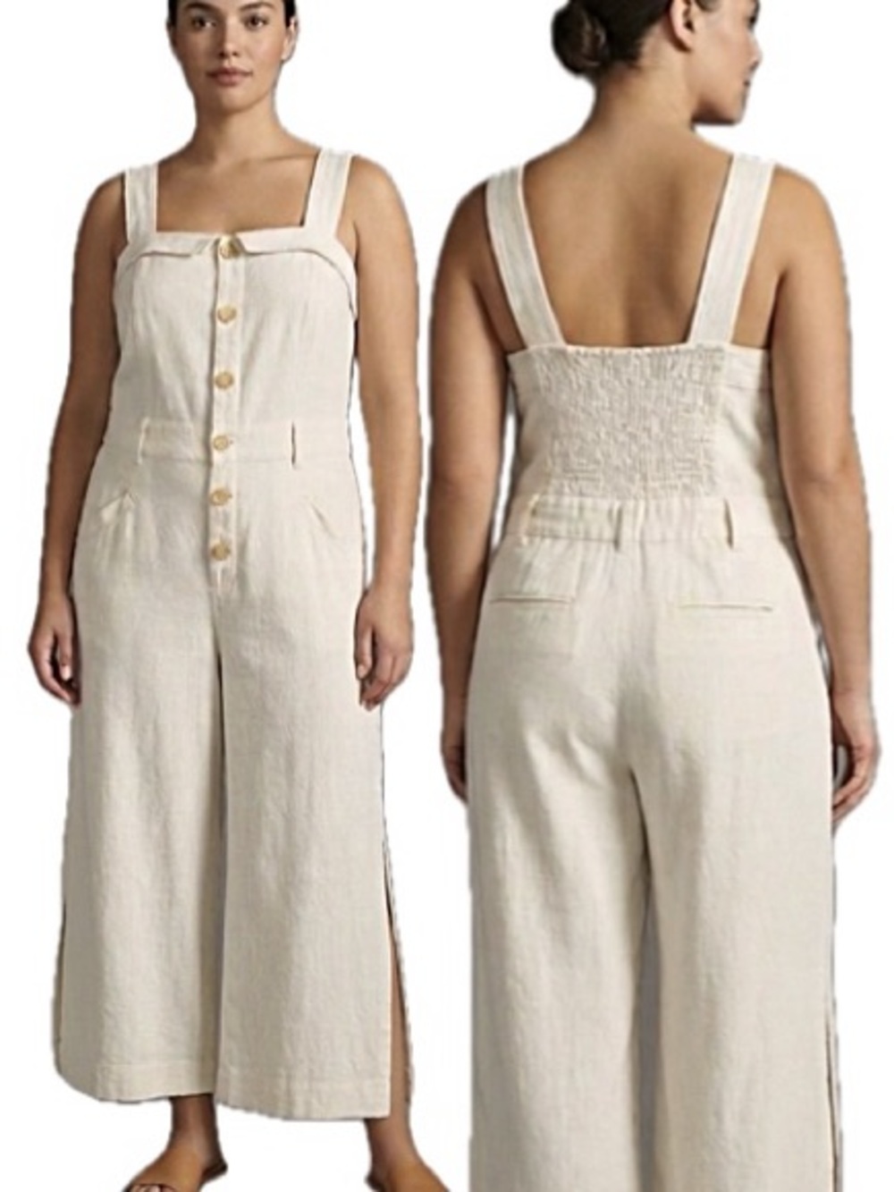 Anthropologie Linen Blend Button Front Overalls Jumpsuit Size 14 Wide Leg Beachy